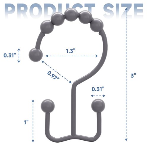 Titanker Shower Curtain Hooks Rings, Rust-Resistant Metal Double Glide Shower Hooks for Bathroom Shower Rods Curtains, Set of 12 Hooks - Neutral Gray