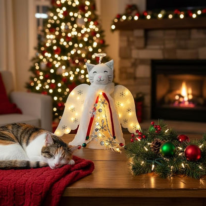 Christmas Cat Angel Tree Topper with LED Halo — White Glowing Wings