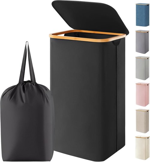 Lifewit 100L Laundry Basket - Foldable Clothes Hamper with Lid & Bamboo Handles | Black