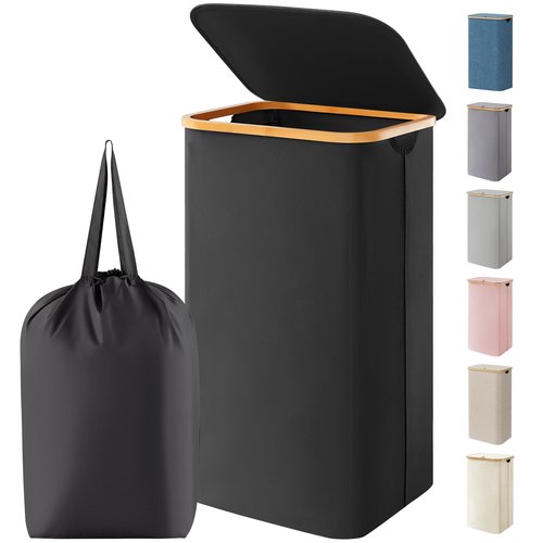 Lifewit 100L Laundry Basket with Lid, Clothes Hampers for Laundry with Bamboo Handles and 1 Removable Bag, Large Foldable Laundry Hamper for Bedroom, Bathroom, Dorm, Laundry Room, Black