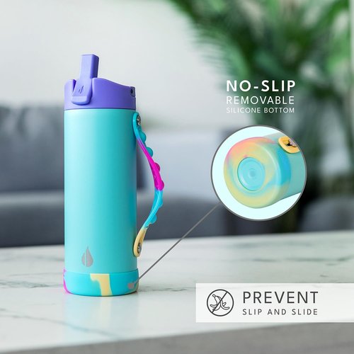 Elemental Iconic Kids Water Bottle - Leak-Proof Stainless Steel with Straw Lid & Pop It Handle, 14oz | Blue Tie Dye
