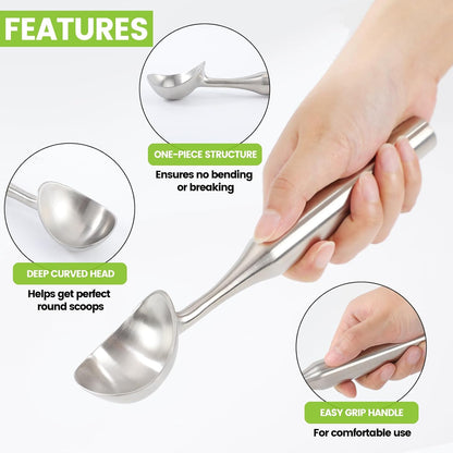Skiennix Stainless Steel Ice Cream Scoop - Heavy Duty Ergonomic Handle for Gelato & Sorbet | Dishwasher Safe
