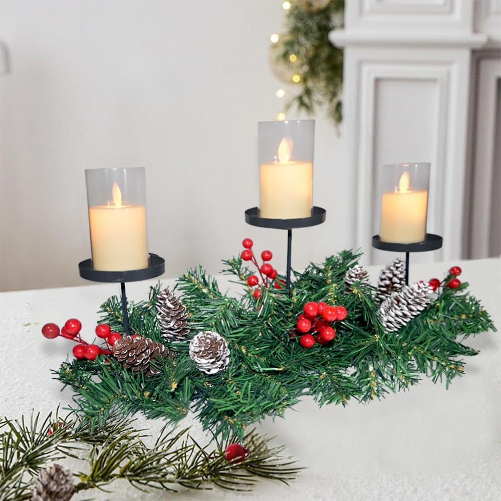 Regine Switzerland Christmas Table Centerpiece - 3 Candle Holders with Red Berries & Pine Cones | Holiday Home Decor