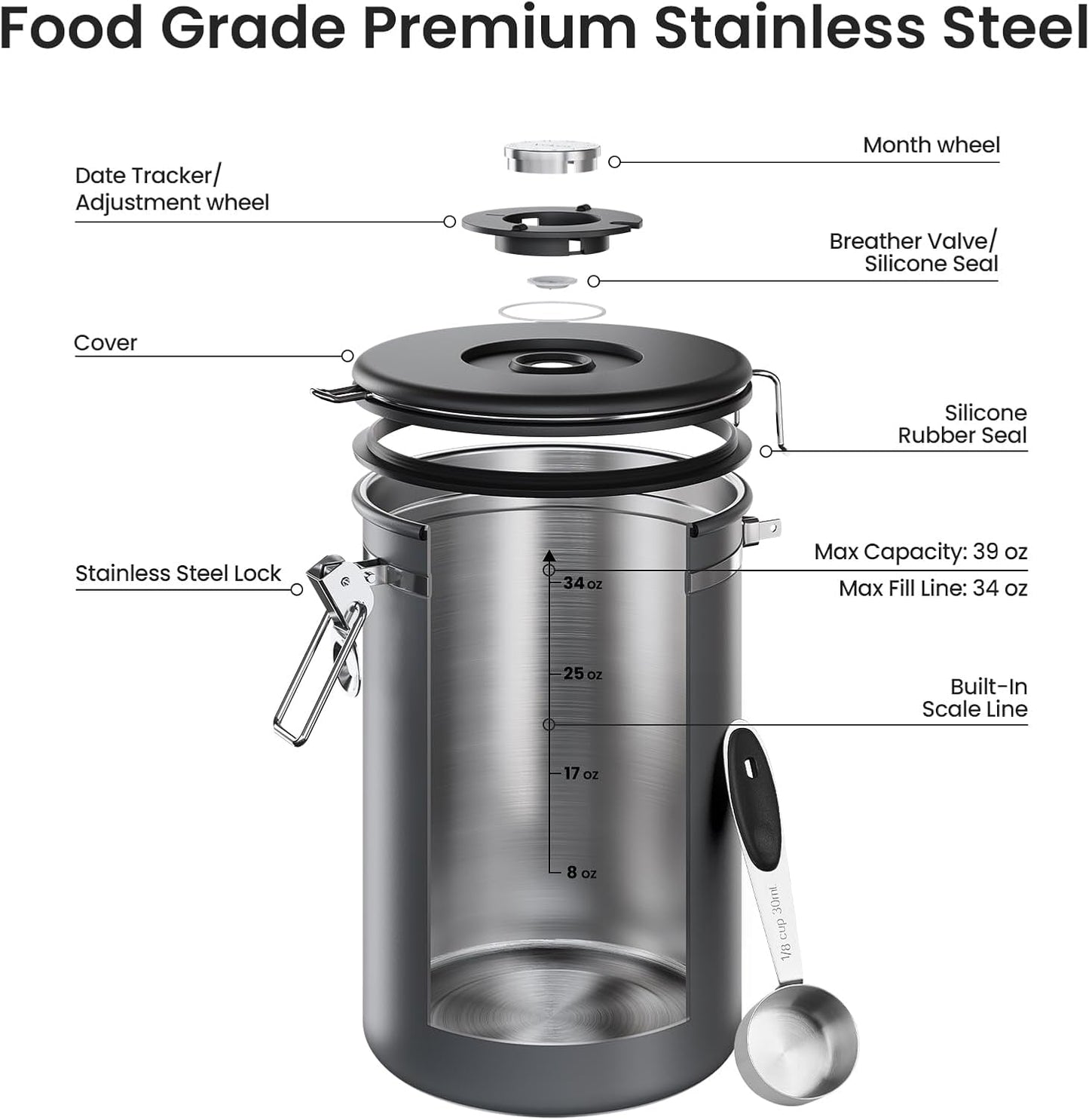 Veken Coffee Canister - 39oz Airtight Stainless Steel Storage for 2.2lbs Coffee, Sugar, Tea & More | Gray