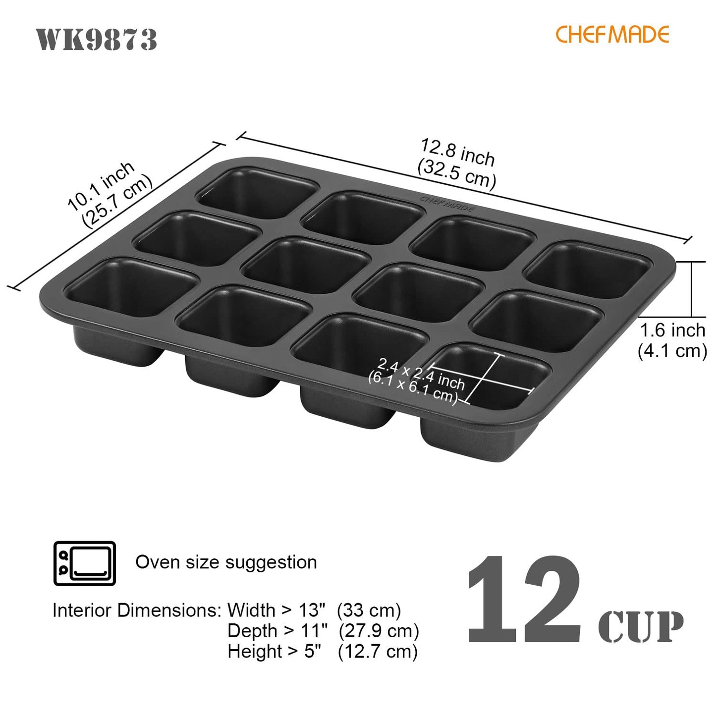 CHEFMADE Brownie Cake Pan, Nonstick 12 Cavity Square Muffin Bakeware