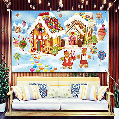 Christmas Gingerbread House Backdrop Fabric Banner for Holiday Parties