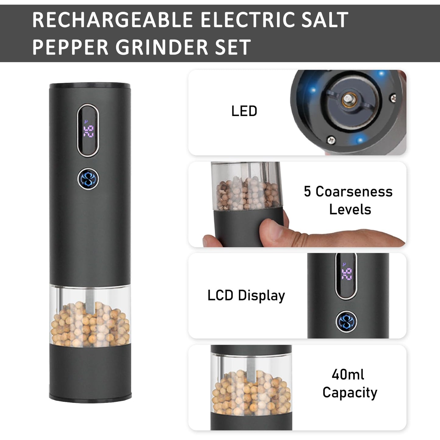 Rechargeable Electric Salt and Pepper Grinder Set with LCD Display, Adjustable Coarseness, Automatic Salt & Pepper Grinder Set for Kitchen, Aluminum Alloy Electric Pepper Mill