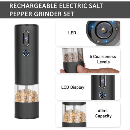 Rechargeable Electric Salt and Pepper Grinder Set with LCD Display, Adjustable Coarseness, Automatic Salt & Pepper Grinder Set for Kitchen, Aluminum Alloy Electric Pepper Mill