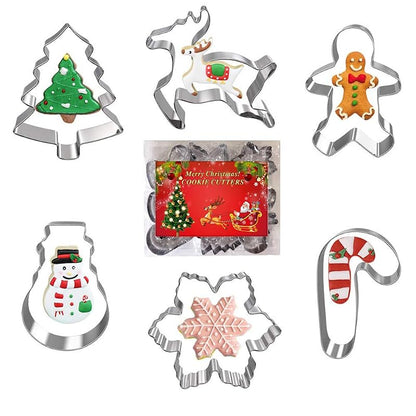 6Pcs Christmas Cookie Cutter Set - Stainless Steel Snowflake, Tree, Reindeer, Candy Cane, Gingerbread Man, Snowman (Variation: Christmas)