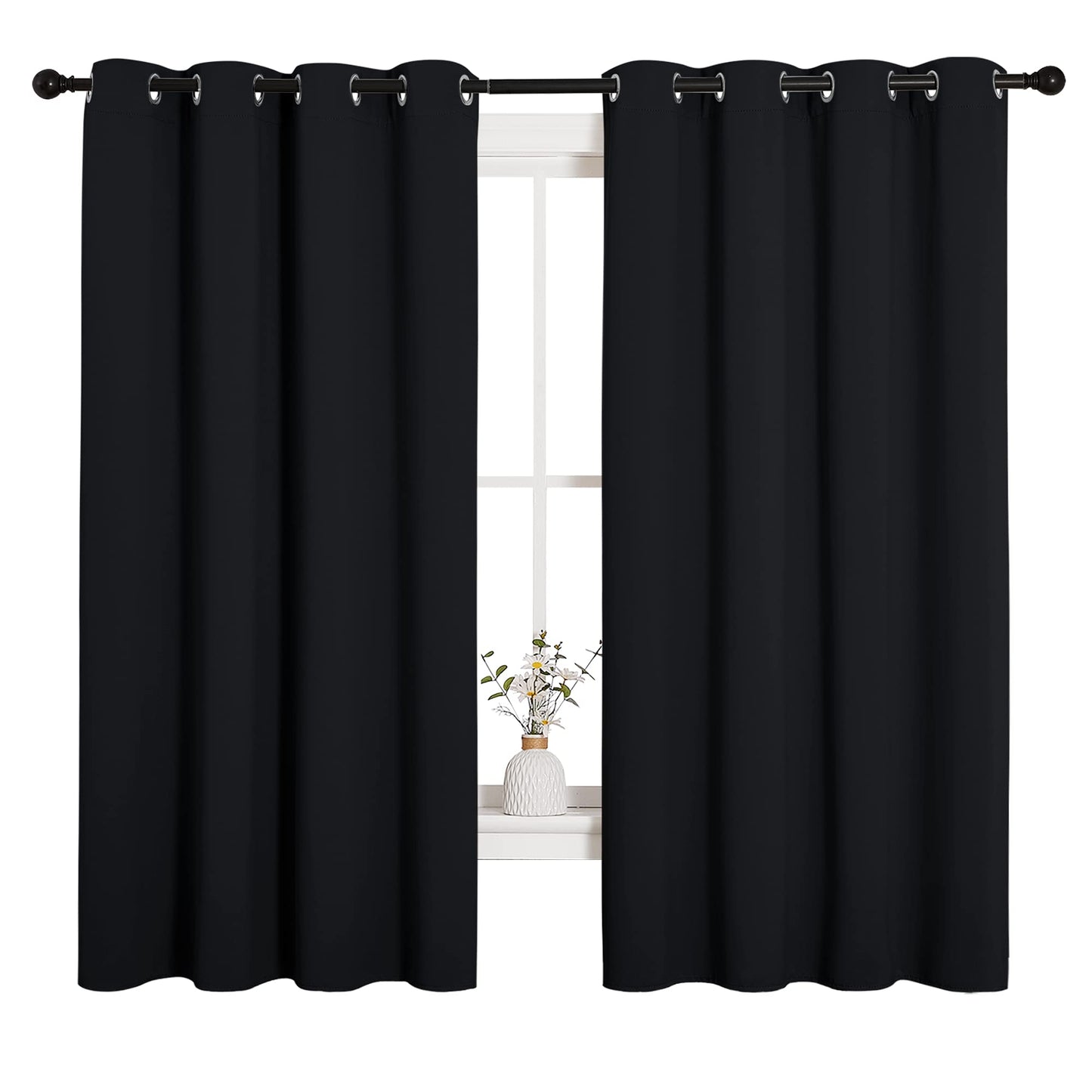NICETOWN Bathroom Blackout Curtains and Drapes, Black Solid Thermal Insulated Grommet Blackout Drapery Panels for Window (2 Panels, 55 inches Wide by 68 inches Long, Black)