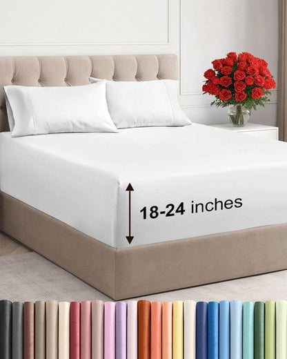 Extra Deep Queen Sheet Set - 4 Piece Ultra Soft Cooling Bed Sheets | Fits 18-24 Inch Mattresses - White