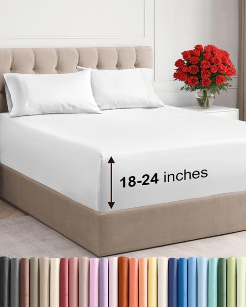 Extra Deep Queen Sheet Set - 4 Piece Ultra Soft Cooling Bed Sheets | Fits 18-24 Inch Mattresses - White