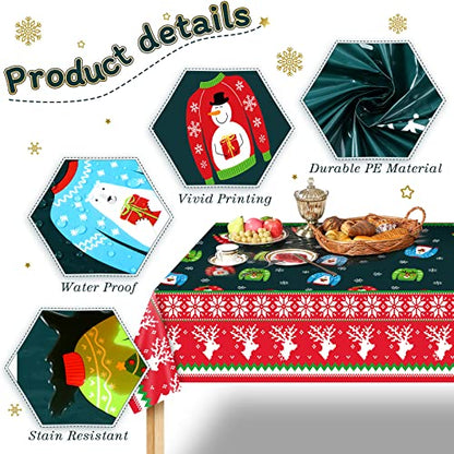 2 Pcs Christmas Ugly Sweater Tablecloths - Plastic Disposable Holiday Decor