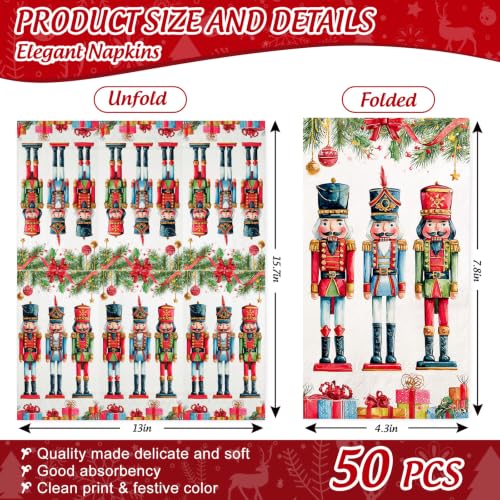 Red Disposable Christmas Guest Napkins - Nutcracker & Pine Branch Design, 50 Pack