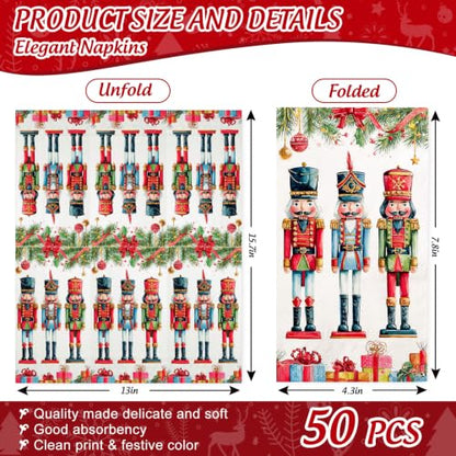 Red Disposable Christmas Guest Napkins - Nutcracker & Pine Branch Design, 50 Pack
