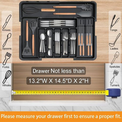 Homecor Silverware Organizer - Expandable Kitchen Drawer Utensil Tray with 2 Removable Knife Blocks | 22"x19" (Black)