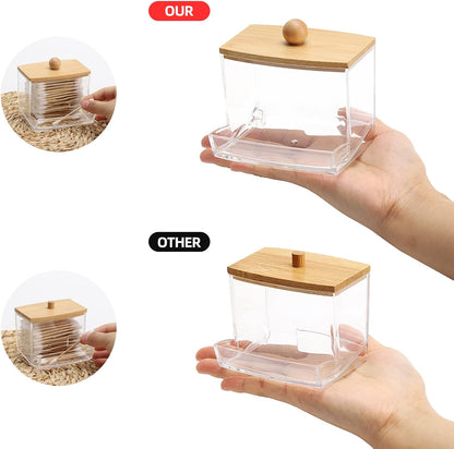 Tbestmax Qtip Holder Dispenser - 10oz Clear Bathroom Organizer with Bamboo Lid for Cotton Swabs & Balls