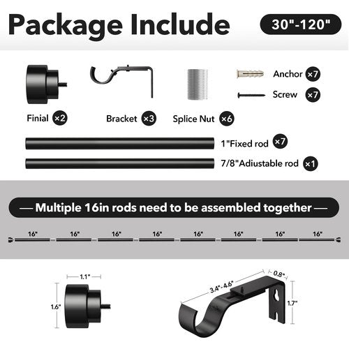 IFELS Heavy Duty Curtain Rods for Windows 66 to 120 Inch,1 Inch Adjustable Black Curtain Rod with Easy Installation and Modern Design,Decorative Long Drapery Rods with Metal Finials (A1,Black,30-120")