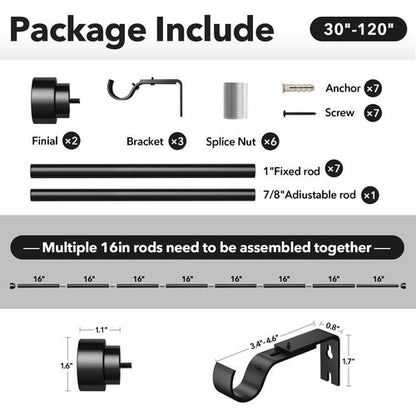 IFELS Heavy Duty Curtain Rods for Windows 66 to 120 Inch,1 Inch Adjustable Black Curtain Rod with Easy Installation and Modern Design,Decorative Long Drapery Rods with Metal Finials (A1,Black,30-120")