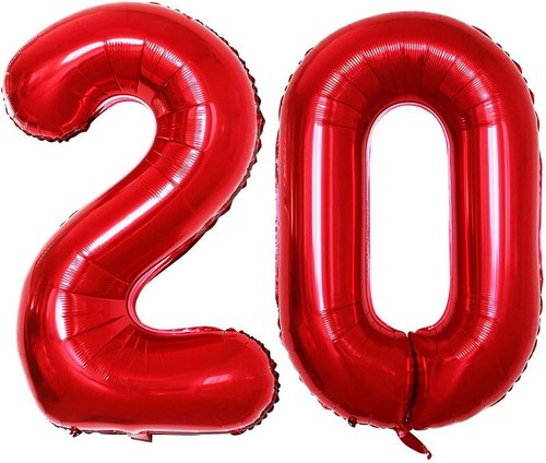 GOER 20th Birthday Balloons - 42 Inch Jumbo Red Foil Helium Decorations for Anniversary Celebrations