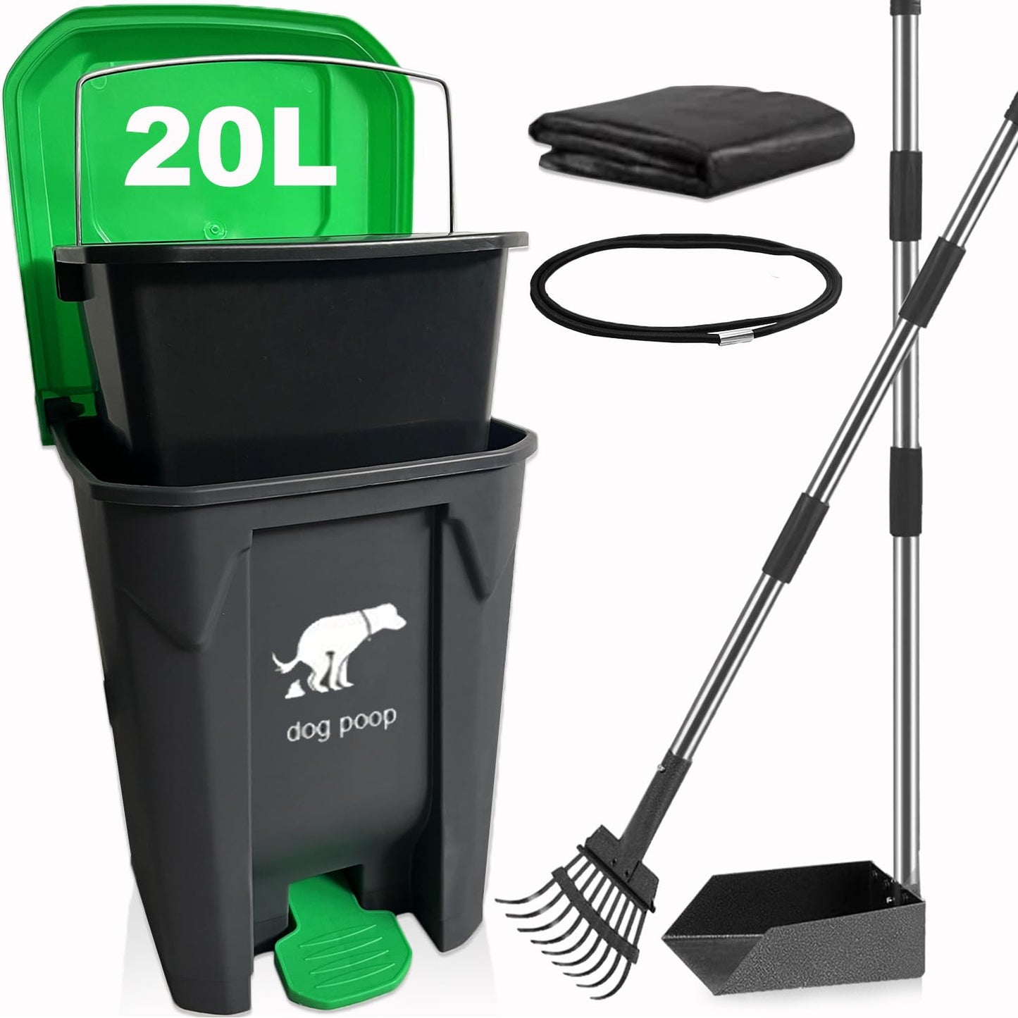Yatmung Dog Poop Trash Can Outside - One-Stop Solution Pooper Scooper Set - 20L Dog Waste Trash Can Outdoor with Lid - Backyard, Yard - with Removable Inner Bin, Long Handle Metal Tray and Rake, Bags