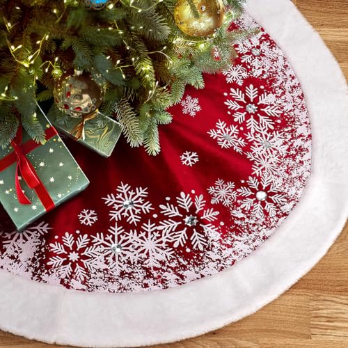Christmas Tree Skirt 48 Inch Velvet with Faux Fur Snowflakes Holiday Decor