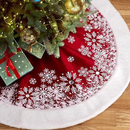 Christmas Tree Skirt 48 Inch Velvet with Faux Fur Snowflakes Holiday Decor