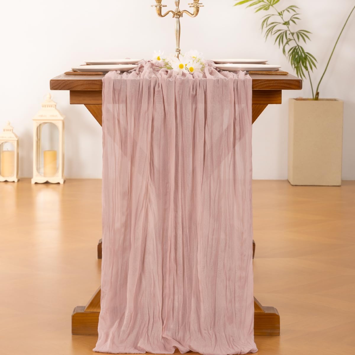Socomi 6-Piece Pink Cheesecloth Table Runner - Rustic Boho 120-Inch for Weddings & Events