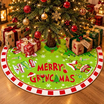 48-Inch Christmas Tree Skirt - Festive Green Red Holiday Decorations