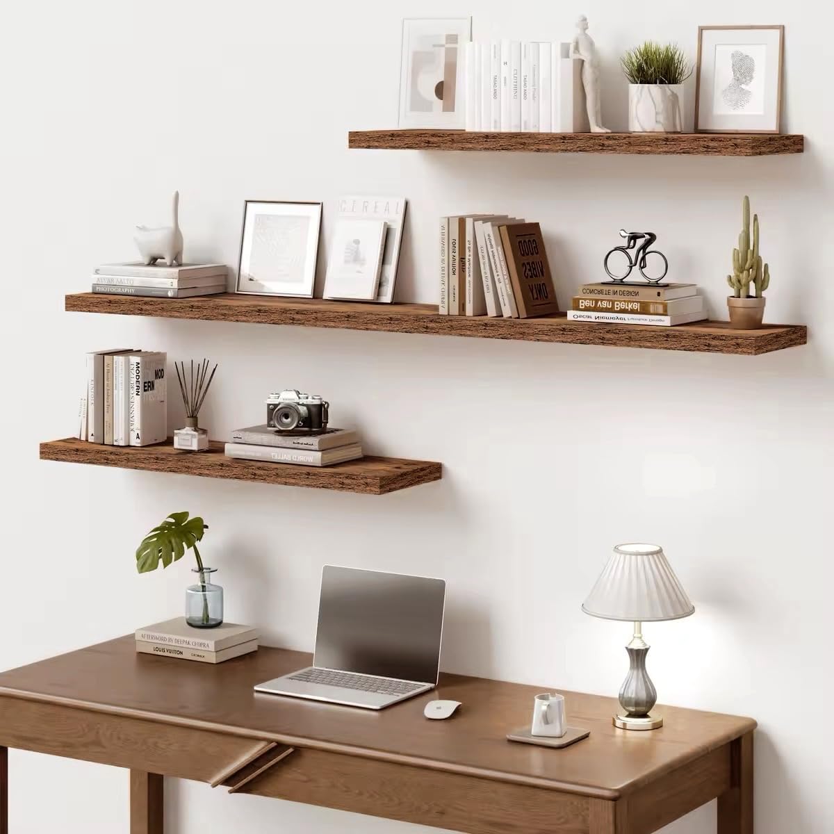 Vivelove 10-Inch Deep Floating Shelves - Rustic Brown Wall Decor | Set of 2 with Invisible Brackets