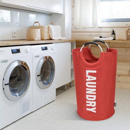 DOKEHOM 95L Large Laundry Basket, Collapsible Laundry Bag, Freestanding Tall Clothes Hamper, Foldable Washing Bin (Red)