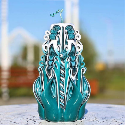 Hand Carved Green Candles 6.7'' | Decorative Teal & Black Layered Candle