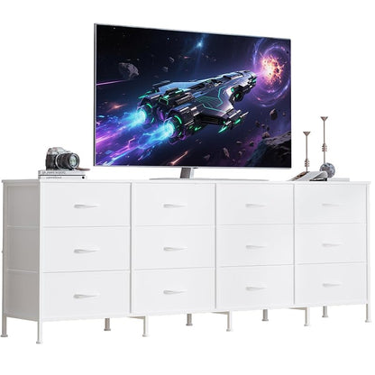 12-Drawer Long Fabric Dresser Wide Storage Chest TV Stand - White