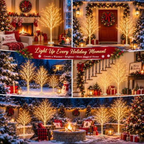 Lighted Birch Tree Decoration - 3ft 4ft 5ft with Warm White LEDs, 8 Modes, Timer