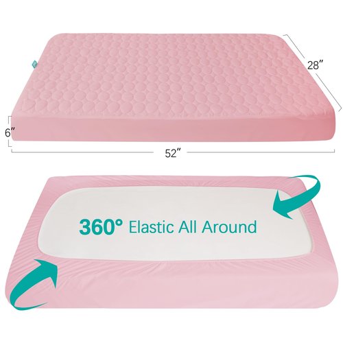 Crib Mattress Protector Sheets Waterproof 2 Pack, Quilted Crib Mattress Pad Cover Fitted Fits for Baby Toddler Bed Mattress, Grey & Pink, 52” x 28”