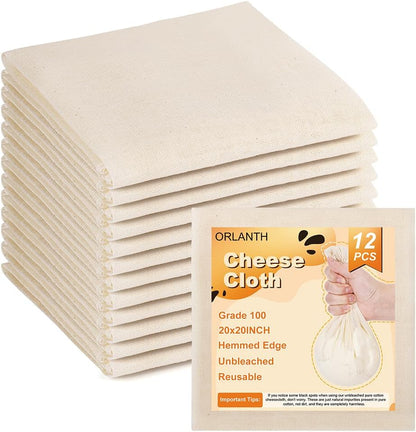Skiennix Reusable Cheese Cloths - 100% Unbleached Cotton, 20x20 Inch, Perfect for Straining & Cooking