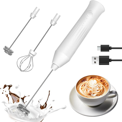 Skiennix Rechargeable Milk Frother - Handheld Electric Whisk with 2 Stainless Steel Whisks & 3 Speeds | Perfect for Coffee, Latte, Cappuccino, Matcha, Protein Shakes - White