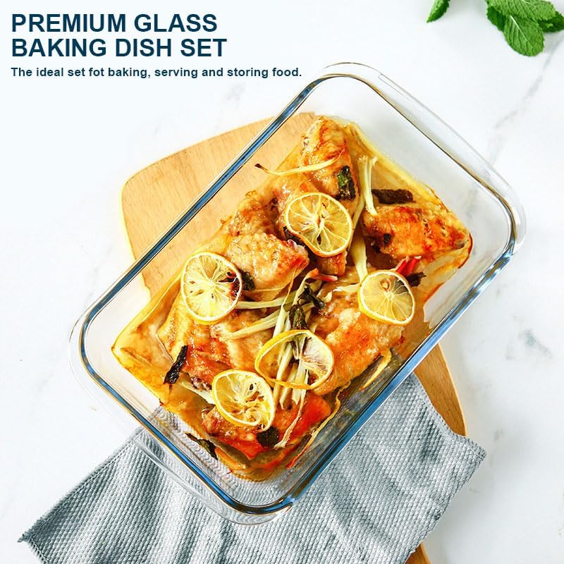 Skiennix 8-Piece Deep Glass Baking Dish Set - Rectangular Bakeware with Plastic Lids | Freezer-to-Oven Safe, Gray
