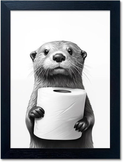 Funny Bathroom Wall Art by [Brand Name] - Raccoon Holding Toilet Paper | Framed Black and White Decor
