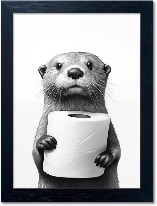 Funny Bathroom Wall Art by [Brand Name] - Raccoon Holding Toilet Paper | Framed Black and White Decor