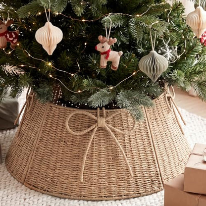 28 Inch Christmas Tree Collar Wicker Tree Skirt Stand Base - Rustic Woven Decor