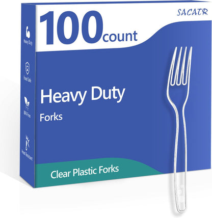 SACATR Heavy-Duty Disposable Plastic Forks - 100 Count, BPA-Free & Heat Resistant for Parties & Events