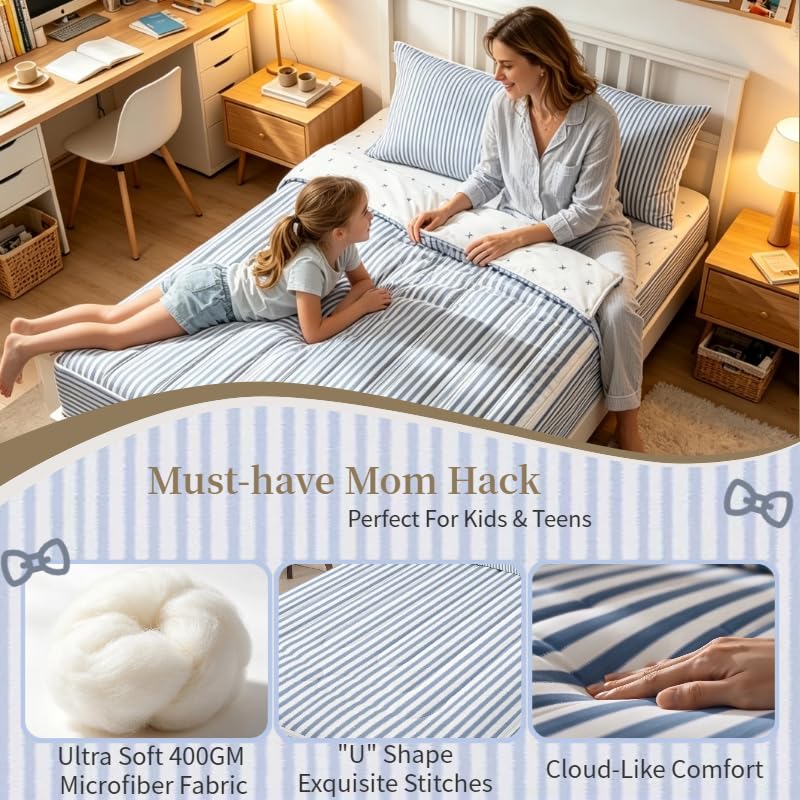 Blue Striped Zipper Bedding Set Twin - Modern Geometric Bed in a Bag