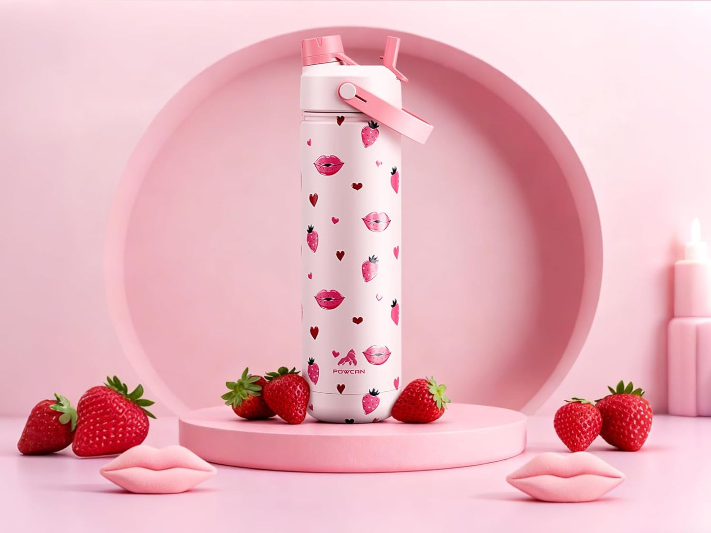 POWCAN Insulated Water Bottle - 26 oz with 2-in-1 Straw & Spout Lid | Keeps Drinks Cold 24H, Leak-Proof, Fits Car Cup Holder - Kiss Me Berry