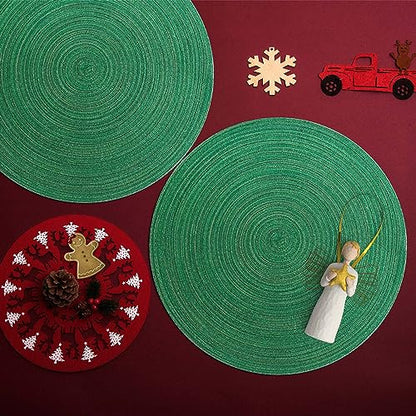 Christmas Green Braided Placemats Set of 6 - 15 Inch Woven Table Mats for Dining & Home Decor