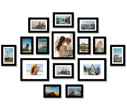 JCJMY 15 Pack Picture Frames Collage Wall Decor for Wall Hanging or Tabletop, Gallery Wall Frame Set for Family, Multi Sizes Photo Frames Collage Including 3Pcs 8x10, 6Pcs 5x7, 6Pcs 4x6, Black