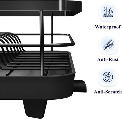 Kitsure Dish Drying Rack - Compact & Adjustable Rust-Proof Kitchen Rack with Utensil Holder | 14.5" x 12" x 4", Black