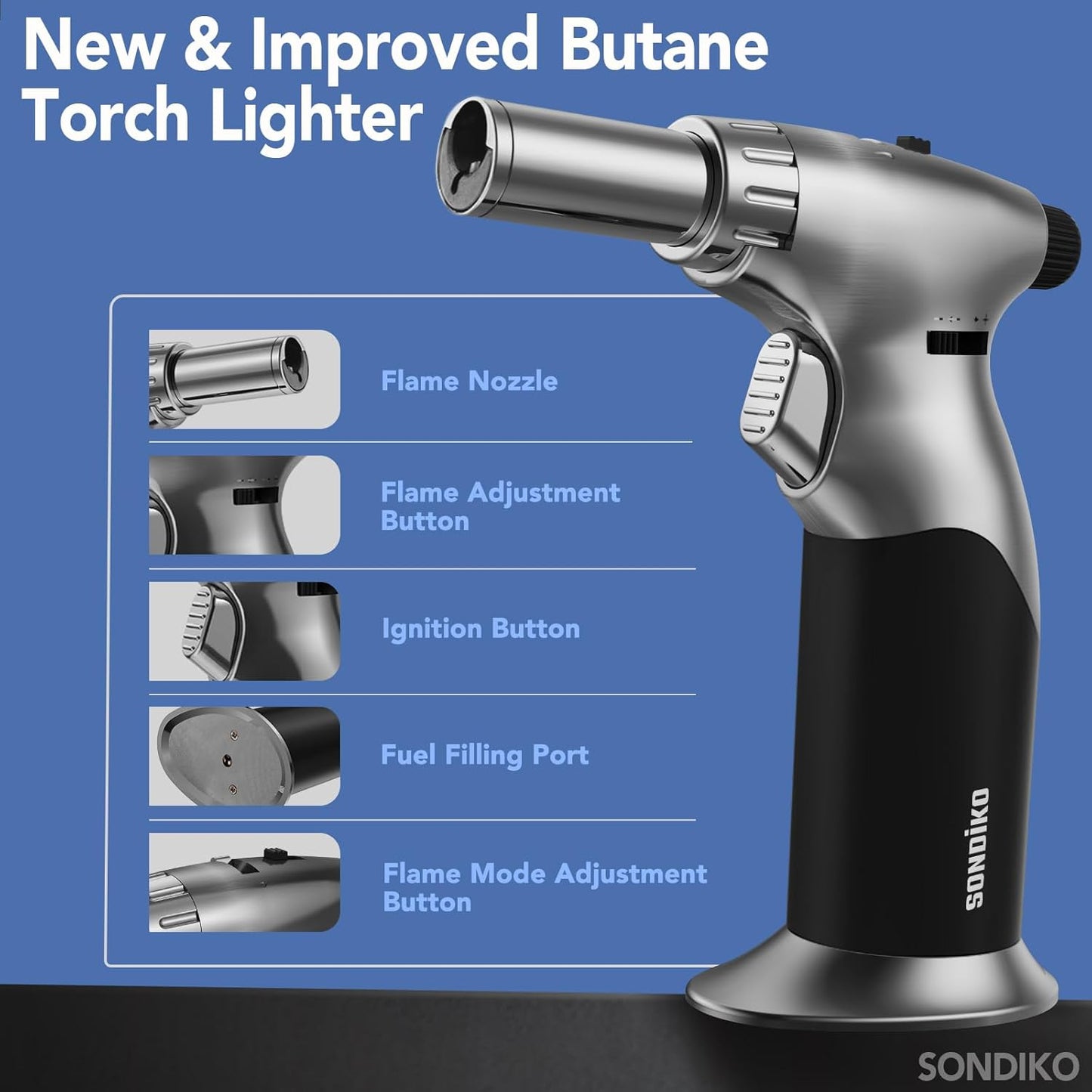 Sondiko Dual Style Butane Torch Lighter - Adjustable Flame Size & Continuous Lock for Cooking | Refillable