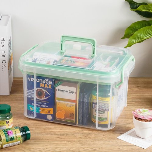 Hey Foly 15qt Clear Medicine Organizer - Thickened Plastic First Aid Box with Tray & Labels