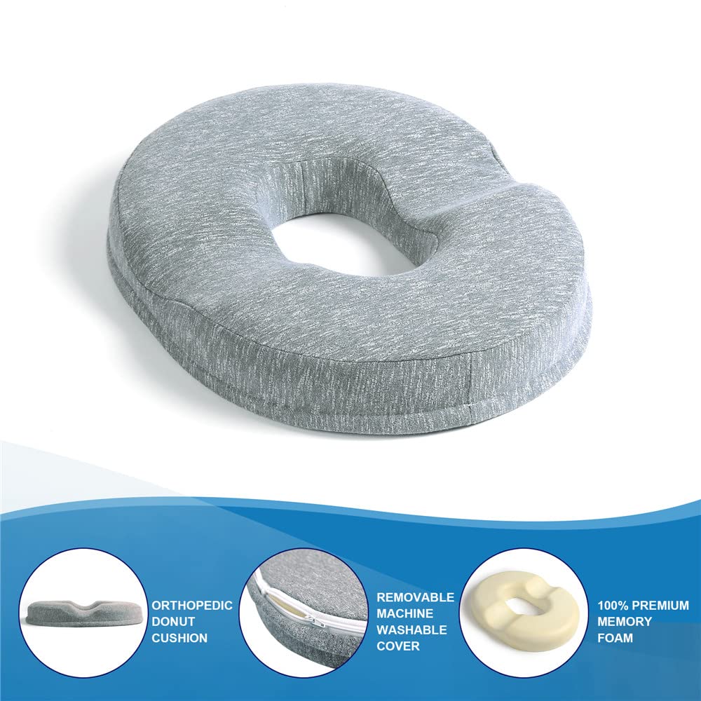 JEMA Donut Pillow, Tailbone Memory Foam Seat Cushion by Ergonomic Innovations for Sores, Coccyx, Sciatica, Pregnancy, Post Natal (Grey)